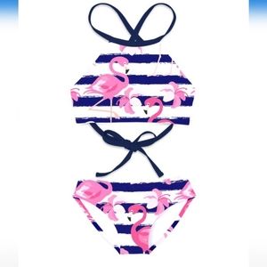 Sunshine Swing Girl's Bikini Blue & Pink Stripe Flamingo NWT